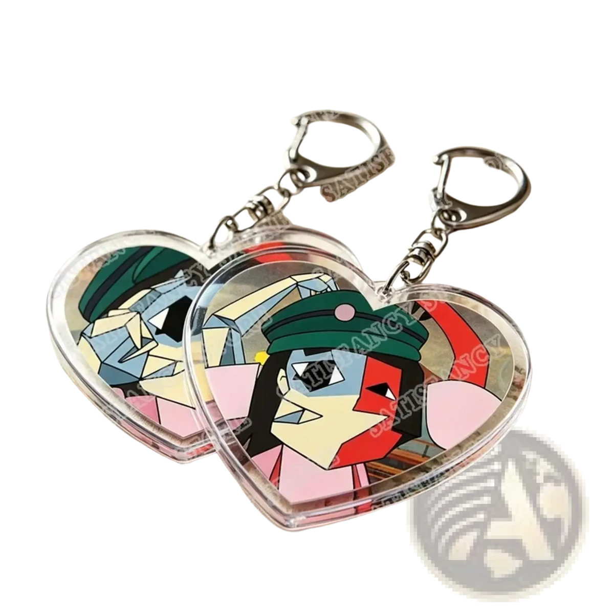 Clear heart-shaped acrylic anime keychains with colorful portraits and silver clasps ideal as gamer gifts