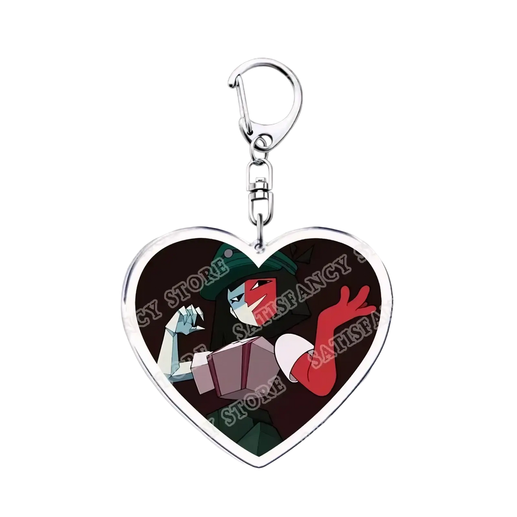 Heart-shaped acrylic anime keychain with red and green cartoon character on dark background gamer gift