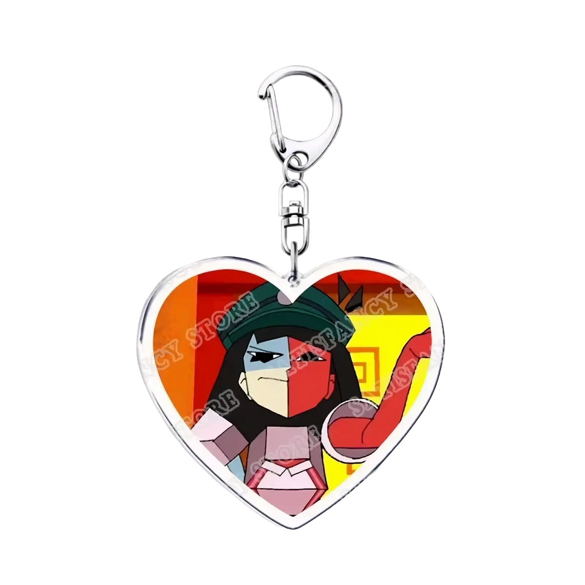 Heart-shaped anime heart acrylic keychain with cartoon character half-blue half-red face green hat pink outfit on orange background