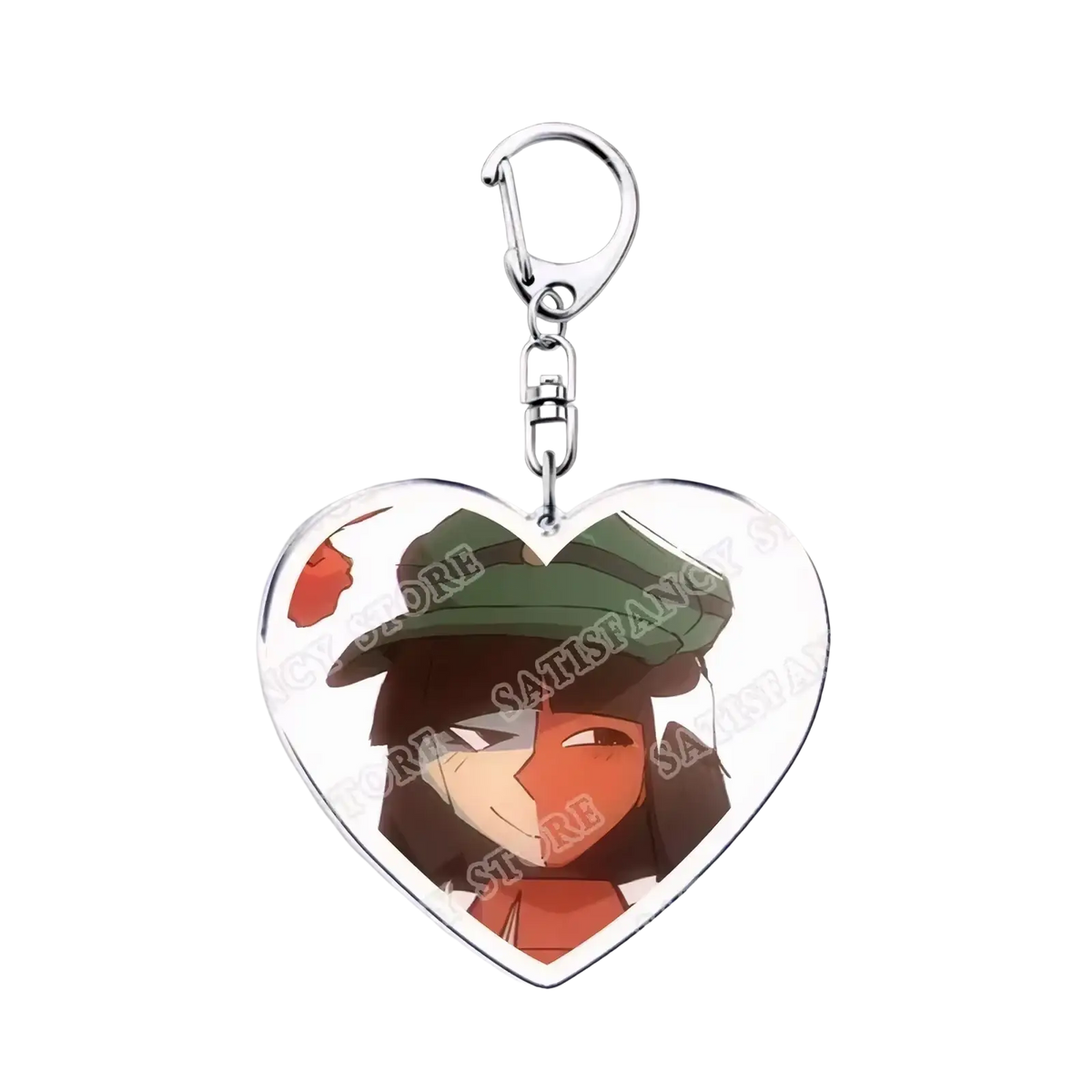 Heart-shaped acrylic keychain featuring a cartoon character with dark hair green hat and orange face paint for gamers