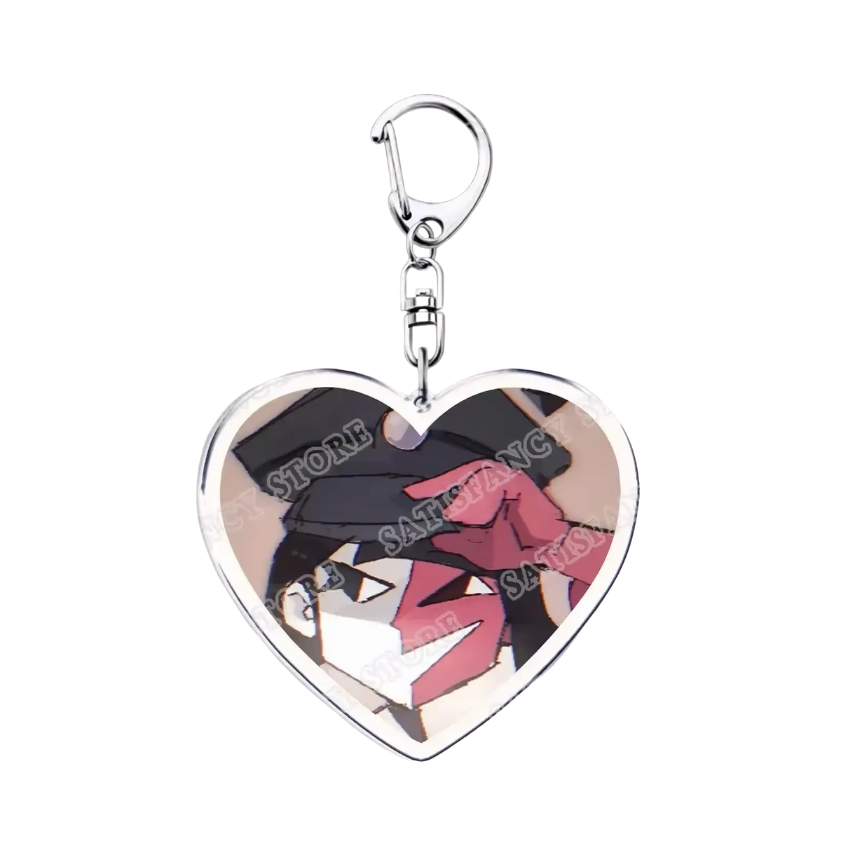 Heart-shaped acrylic anime keychain with silver metal clip featuring a black-haired character with graduation cap