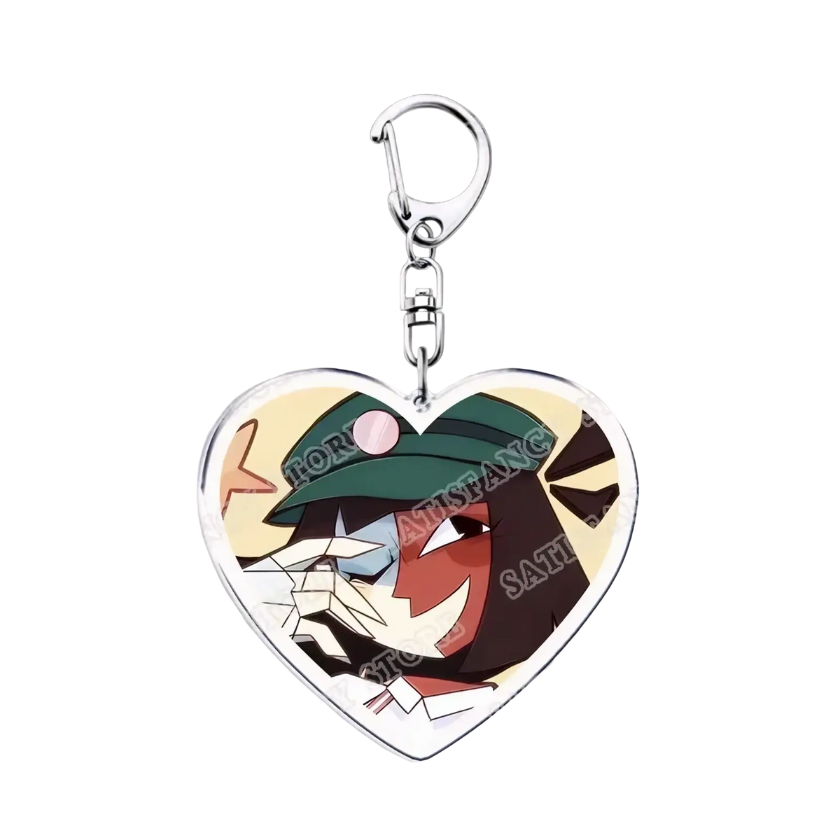 Heart-shaped acrylic anime keychain featuring a cartoon character with dark hair green hat and red face gamer gift