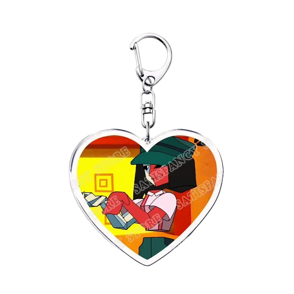Heart-shaped anime heart acrylic keychain with cartoon character wearing green hat on vibrant orange and yellow background