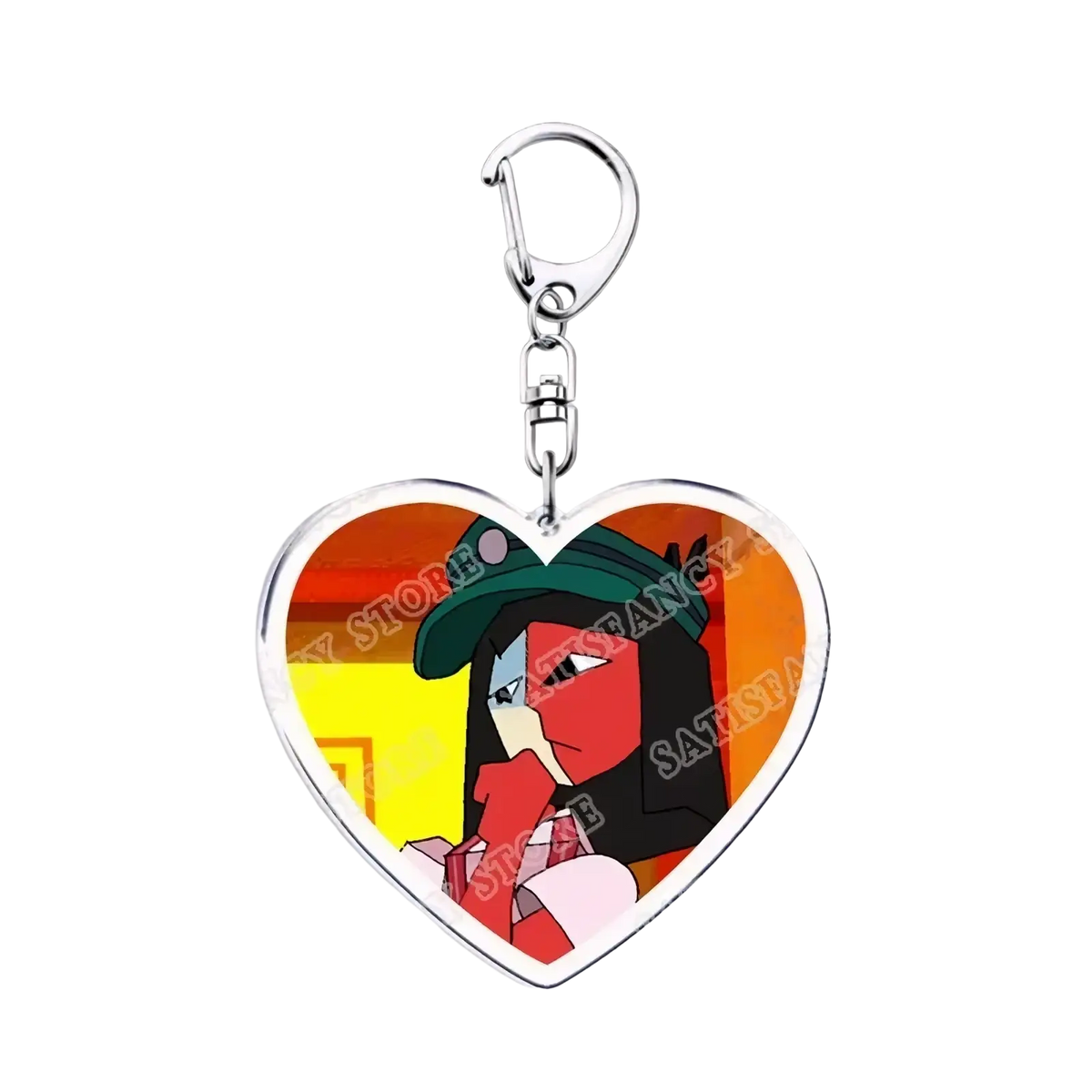 Anime heart acrylic keychain featuring a cartoon character with red and black face, green hat, and pink gloves on orange-yellow background