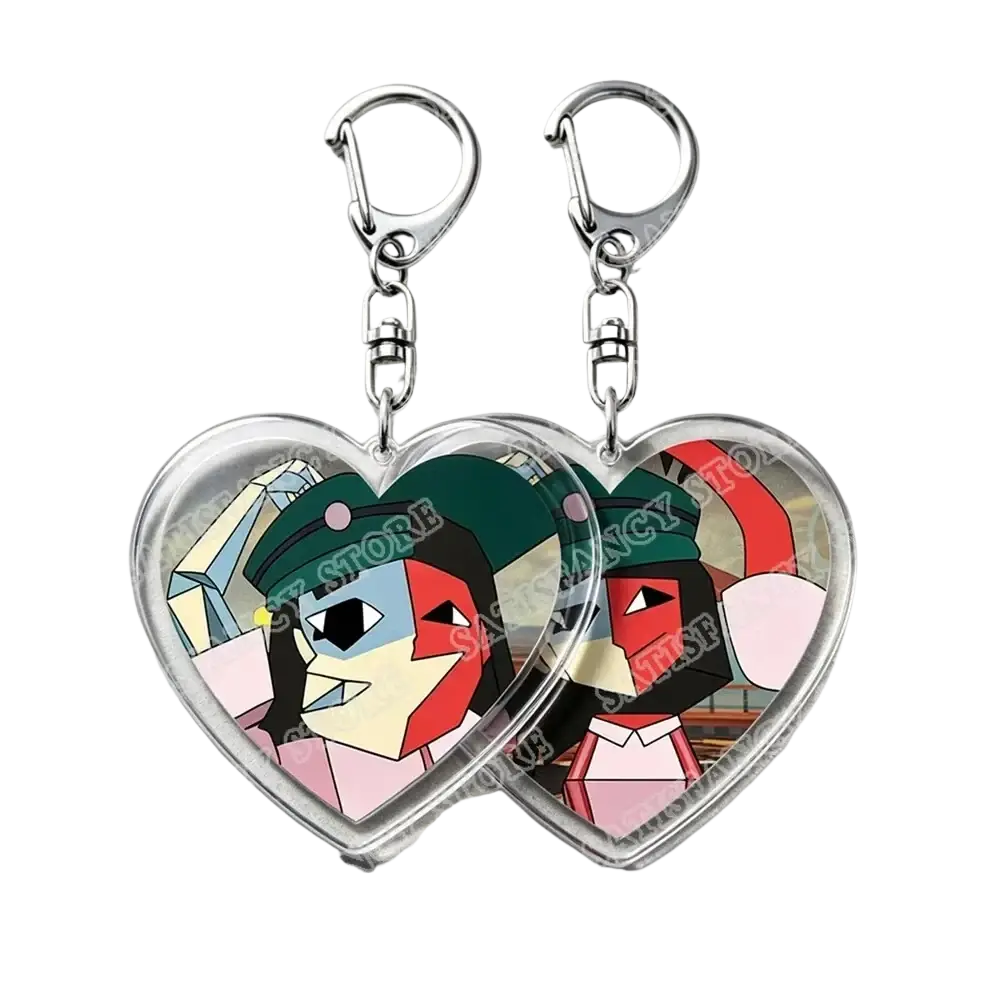 Heart-shaped clear acrylic keychains with stylized anime characters in vibrant red green blue and pink colors for gamers