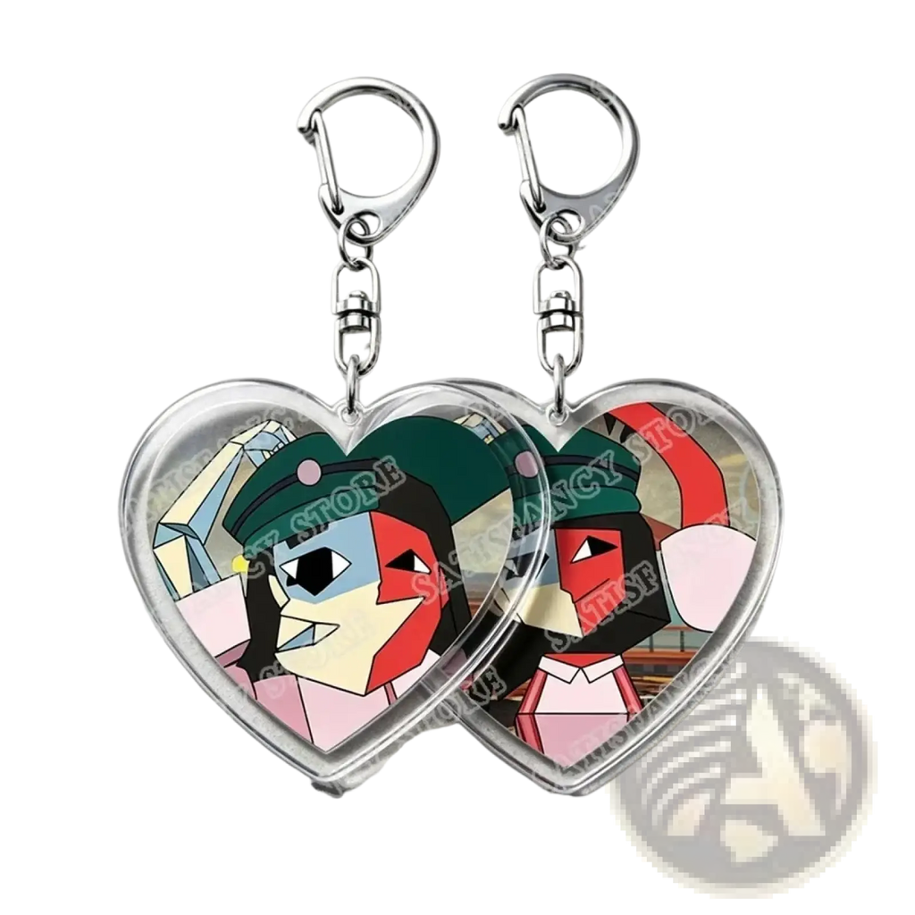 Heart-shaped clear acrylic keychains with stylized anime characters in vibrant red green blue and pink colors for gamers