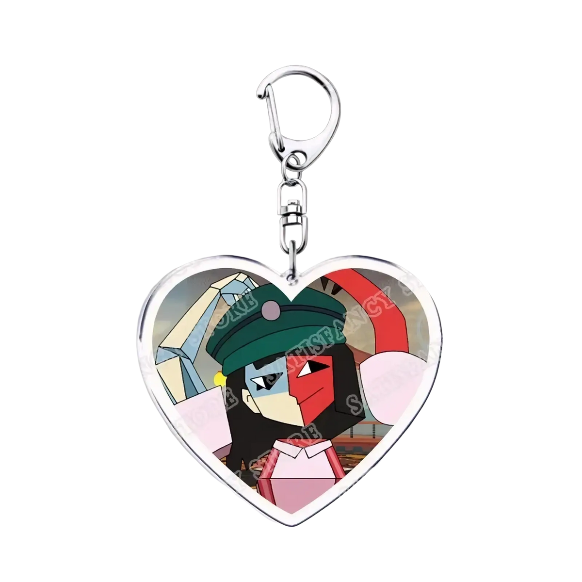 Heart-shaped anime heart acrylic keychain with colorful half-blue half-red cartoon character wearing green cap and pink outfit