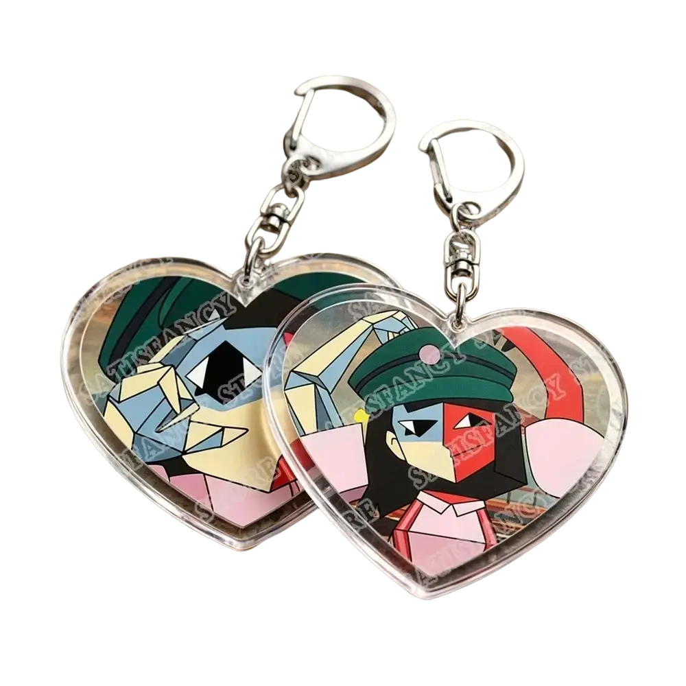Heart-shaped acrylic keychains with colorful geometric anime characters and silver metal clasps for gamer gifts