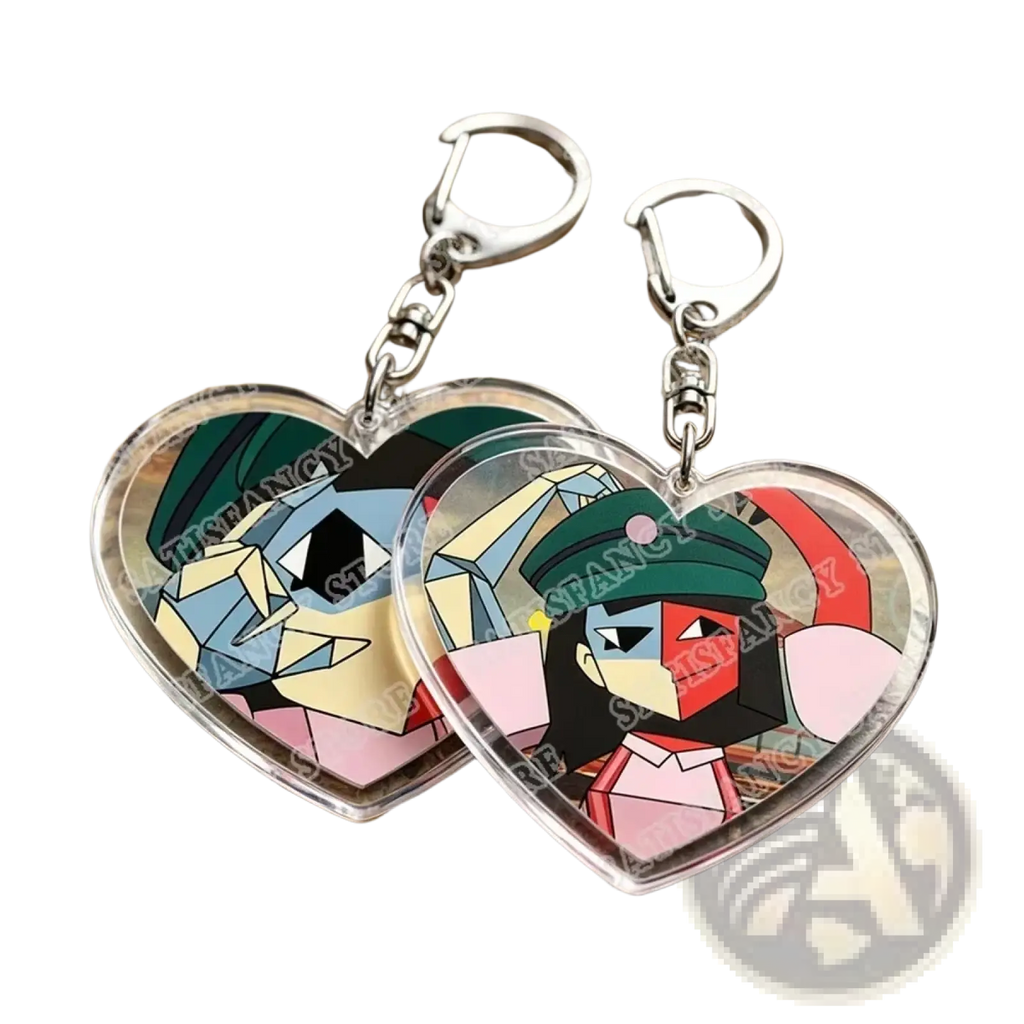 Heart-shaped acrylic keychains with colorful geometric anime characters and silver metal clasps for gamer gifts