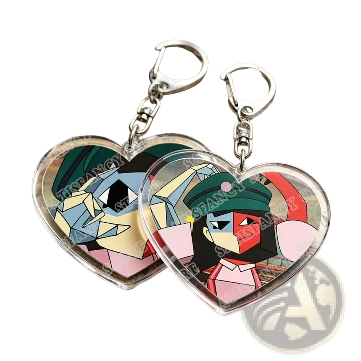 Heart-shaped acrylic keychains with colorful geometric anime characters and silver metal clasps for gamer gifts
