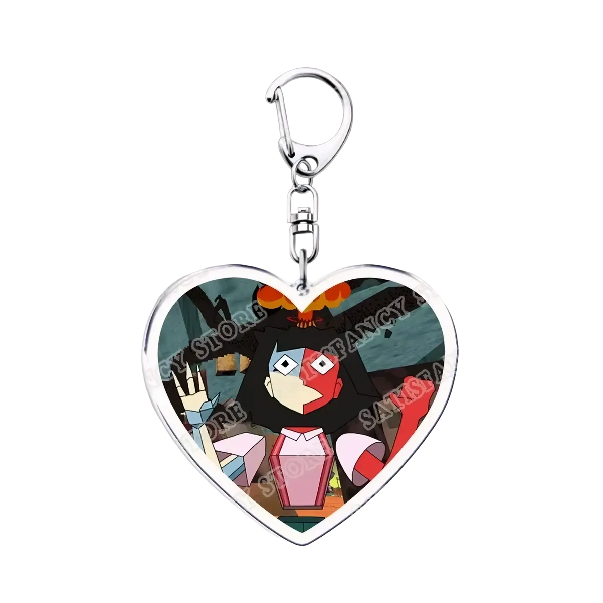 Anime heart acrylic keychain with metallic silver frame and clip featuring black haired anime character with red face markings