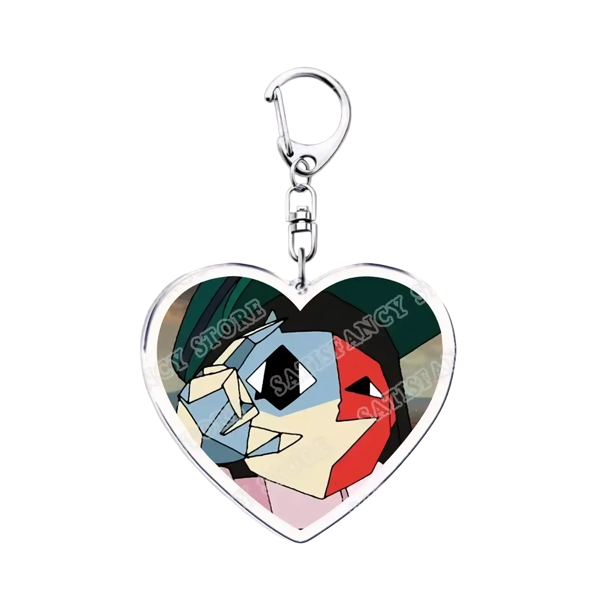 Heart-shaped anime acrylic keychain with silver metal frame and clip featuring geometric stylized faces design