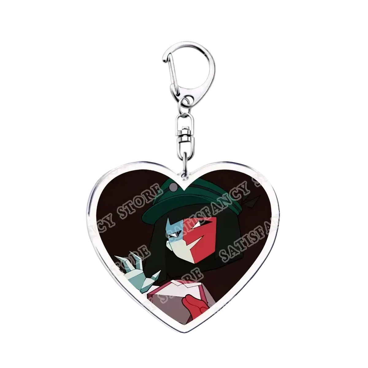 Heart-shaped anime keychain with silver frame and clip featuring Hazbin Hotel character wearing green hat and red mask