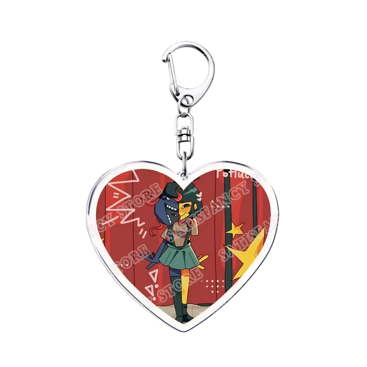 Heart-shaped anime acrylic keychain with a silver metal frame featuring a character in a green skirt on red background