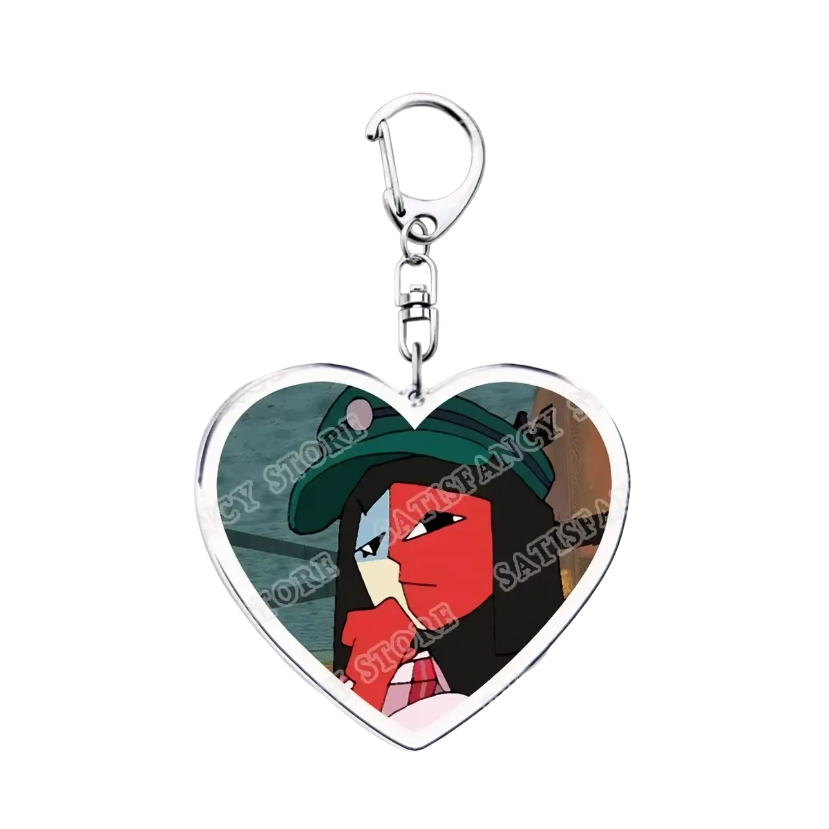 Anime heart acrylic keychain with silver metal frame and clasp featuring a character in a green hat on dark background