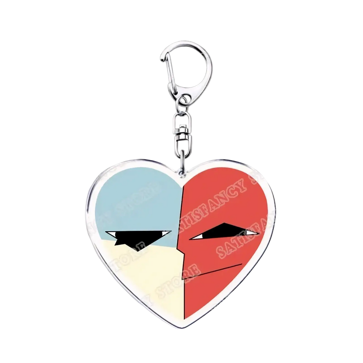 Heart-shaped anime acrylic keychain with silver clasp featuring blue cream and red faces for gamer gift