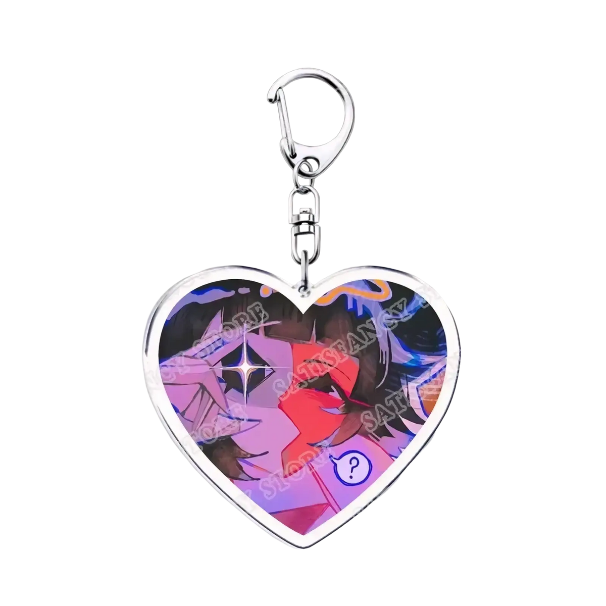 Heart-shaped anime heart acrylic keychain with silver metal frame and clip in vibrant purple pink red and blue hues