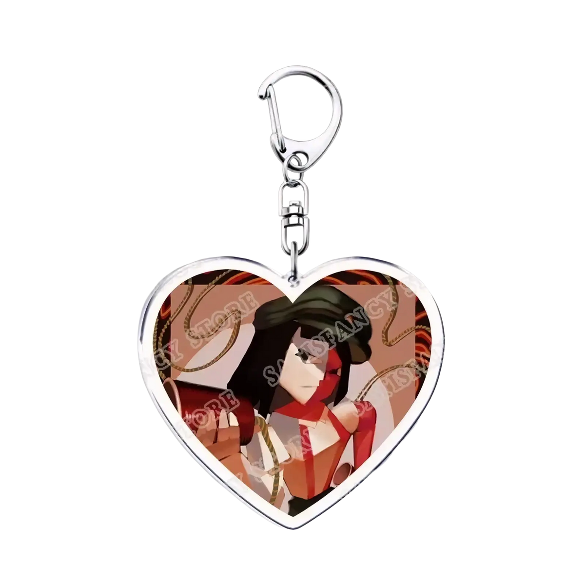 Heart-shaped anime heart acrylic keychain with silver metallic frame and clip featuring a red and black gamer design