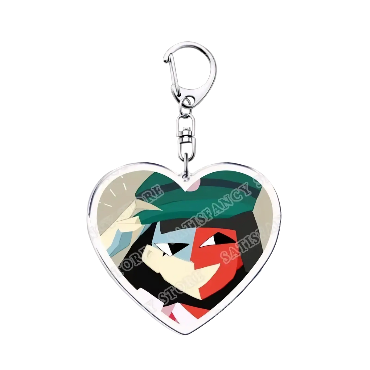Anime heart acrylic keychain with silver metal frame clasp featuring colorful geometric stylized faces design