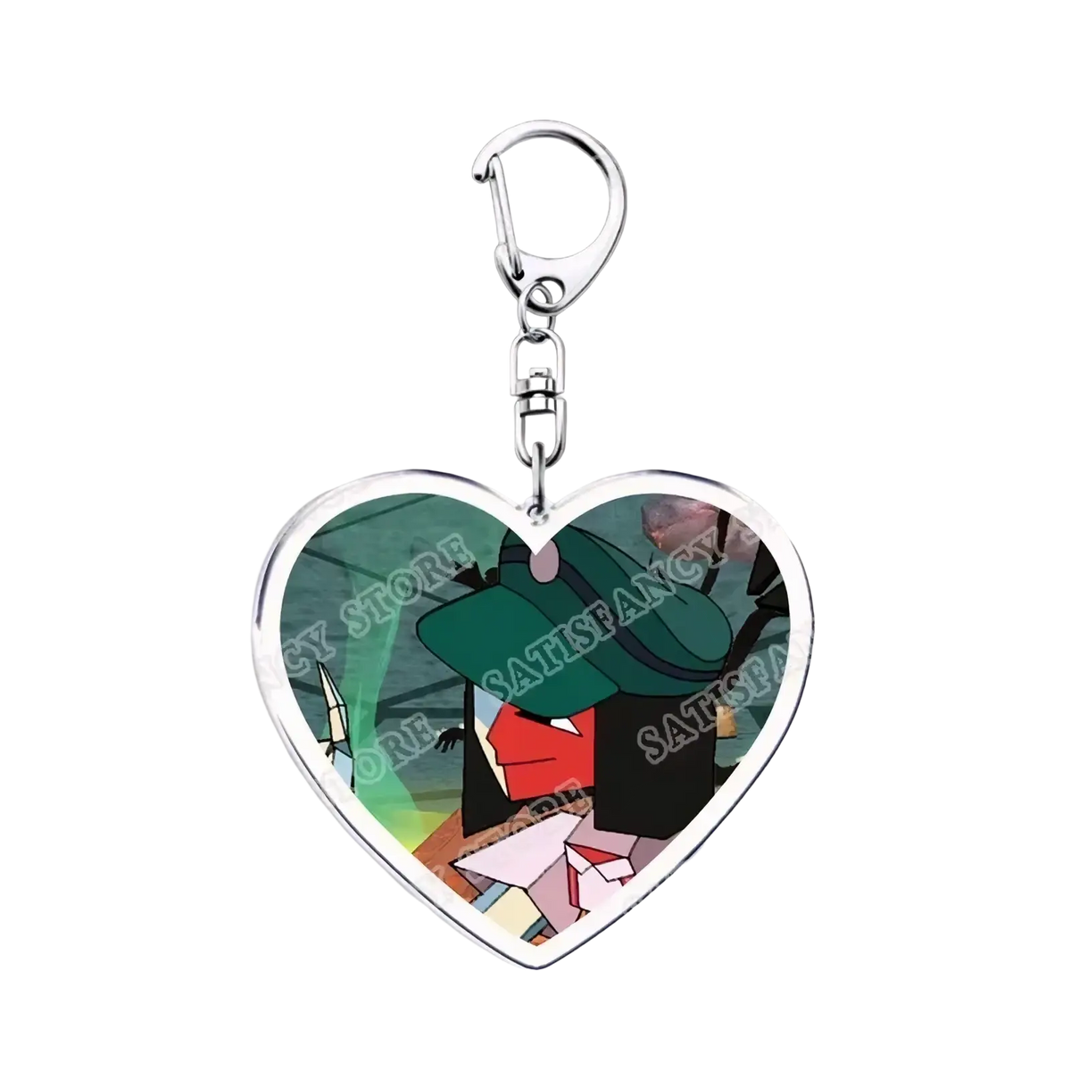 Heart-shaped anime acrylic keychain with silver frame featuring hazbin hotel character in green hat and red face
