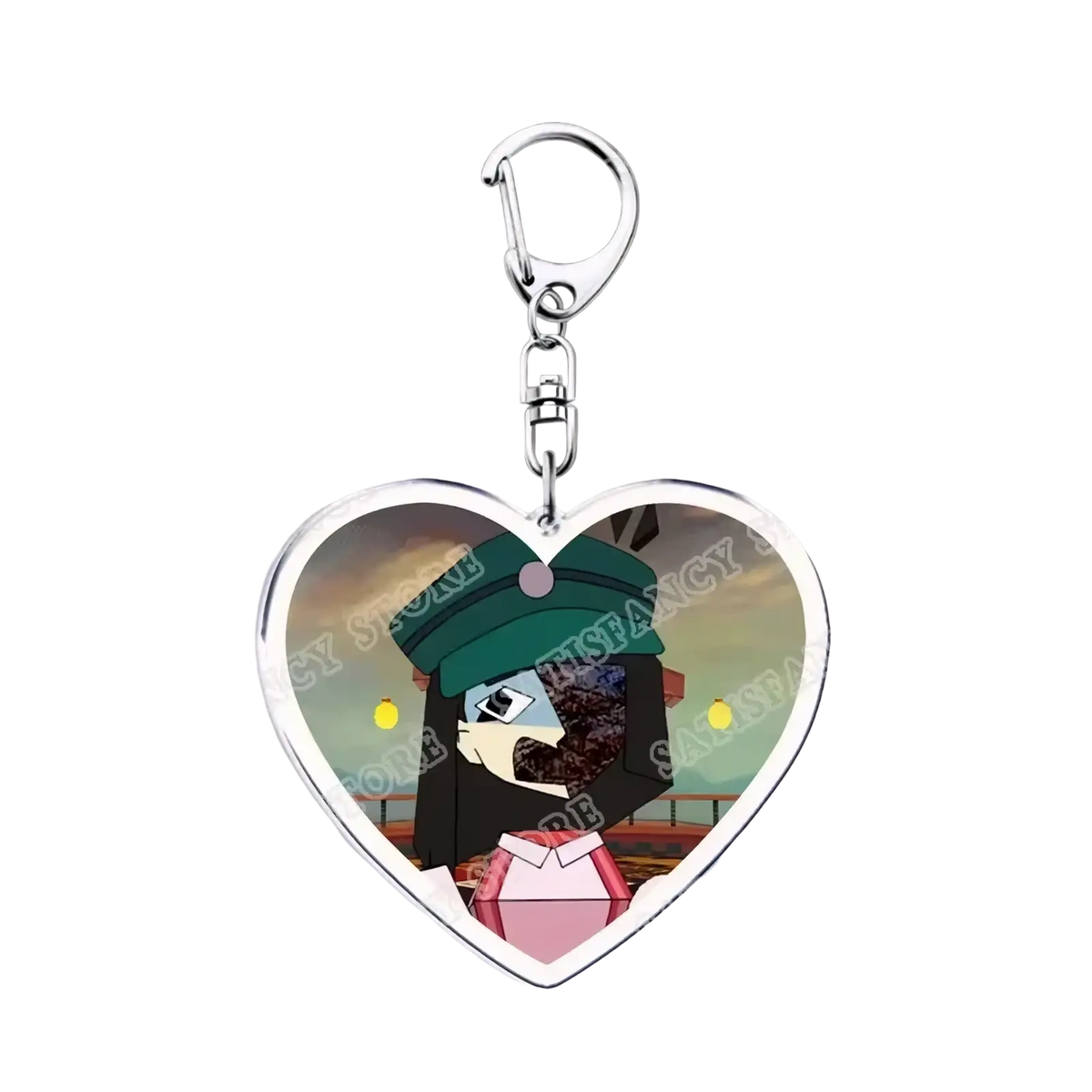 Anime heart acrylic keychain with silver frame and clip featuring character in green hat and pink outfit at sunset backdrop