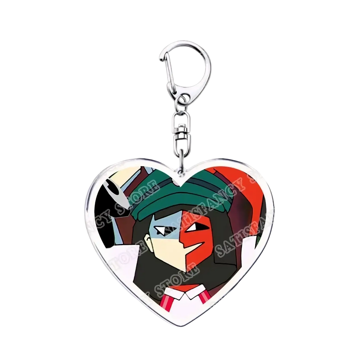 Anime heart acrylic keychain featuring a stylized green and red-haired anime character for gamer gift