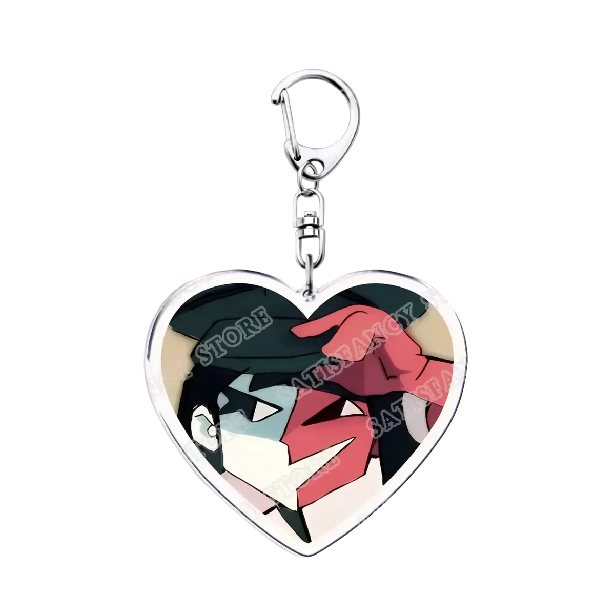 Heart-shaped anime heart acrylic keychain featuring black hair character with red gloves and dark hat gamer gift