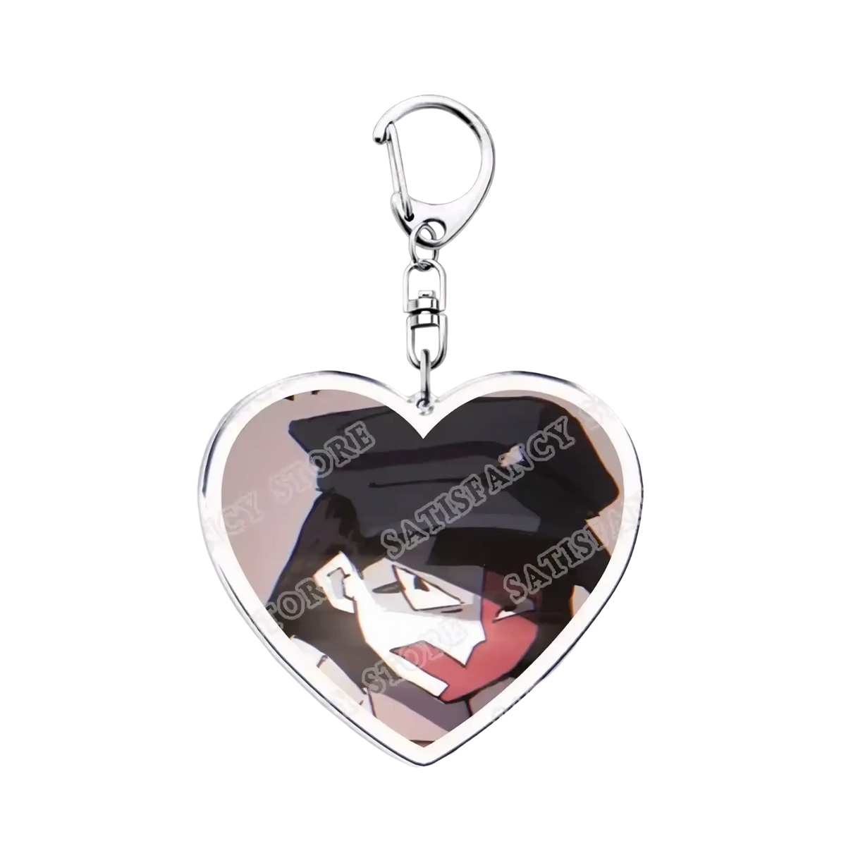 Silver heart-shaped acrylic keychain featuring a glossy anime character illustration in black red and white colors perfect as a gamer gift