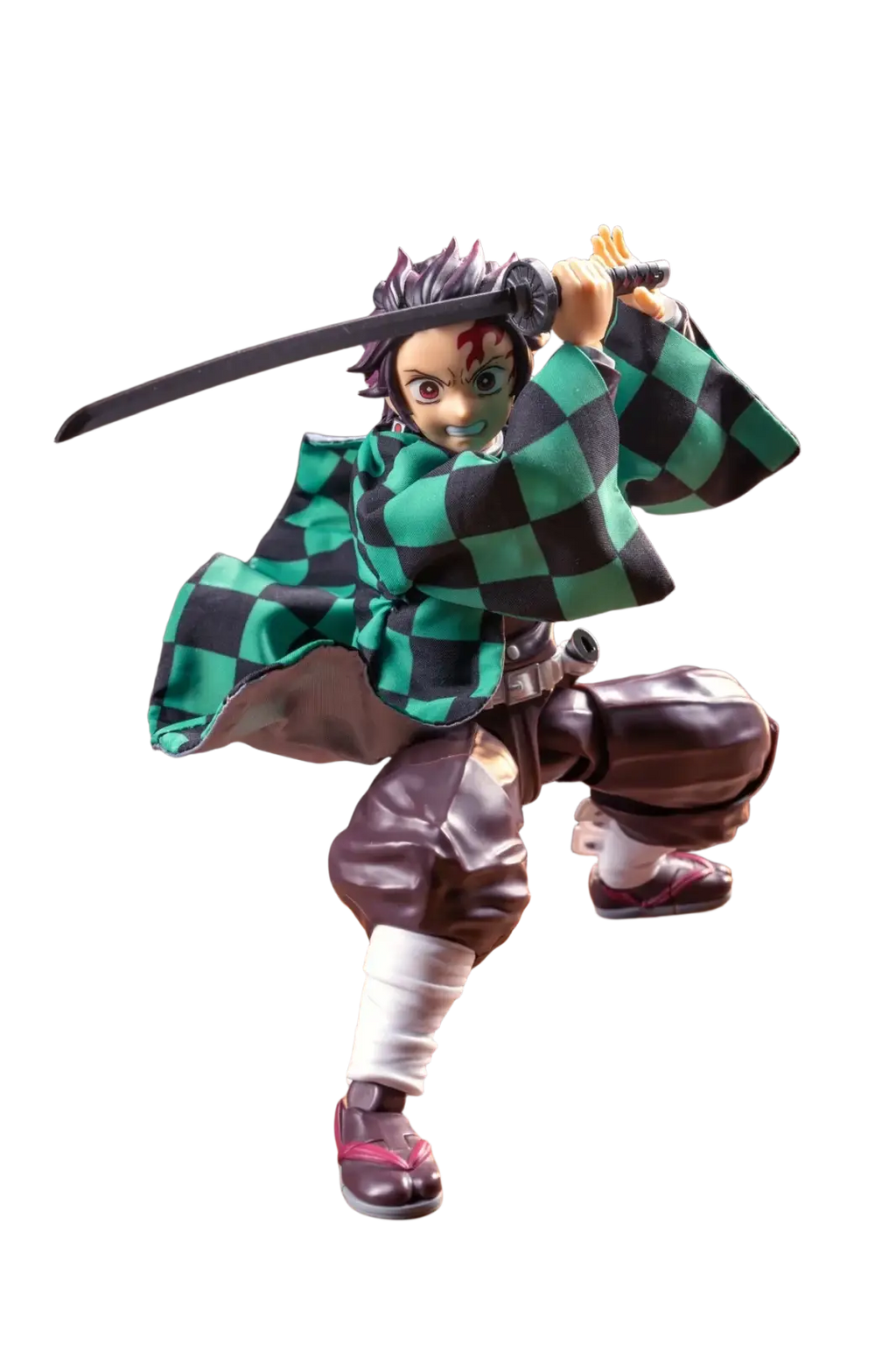 Detailed anime kamado tanjirou 1/12 scale figurine with green and black checkered haori and sword drawn pose