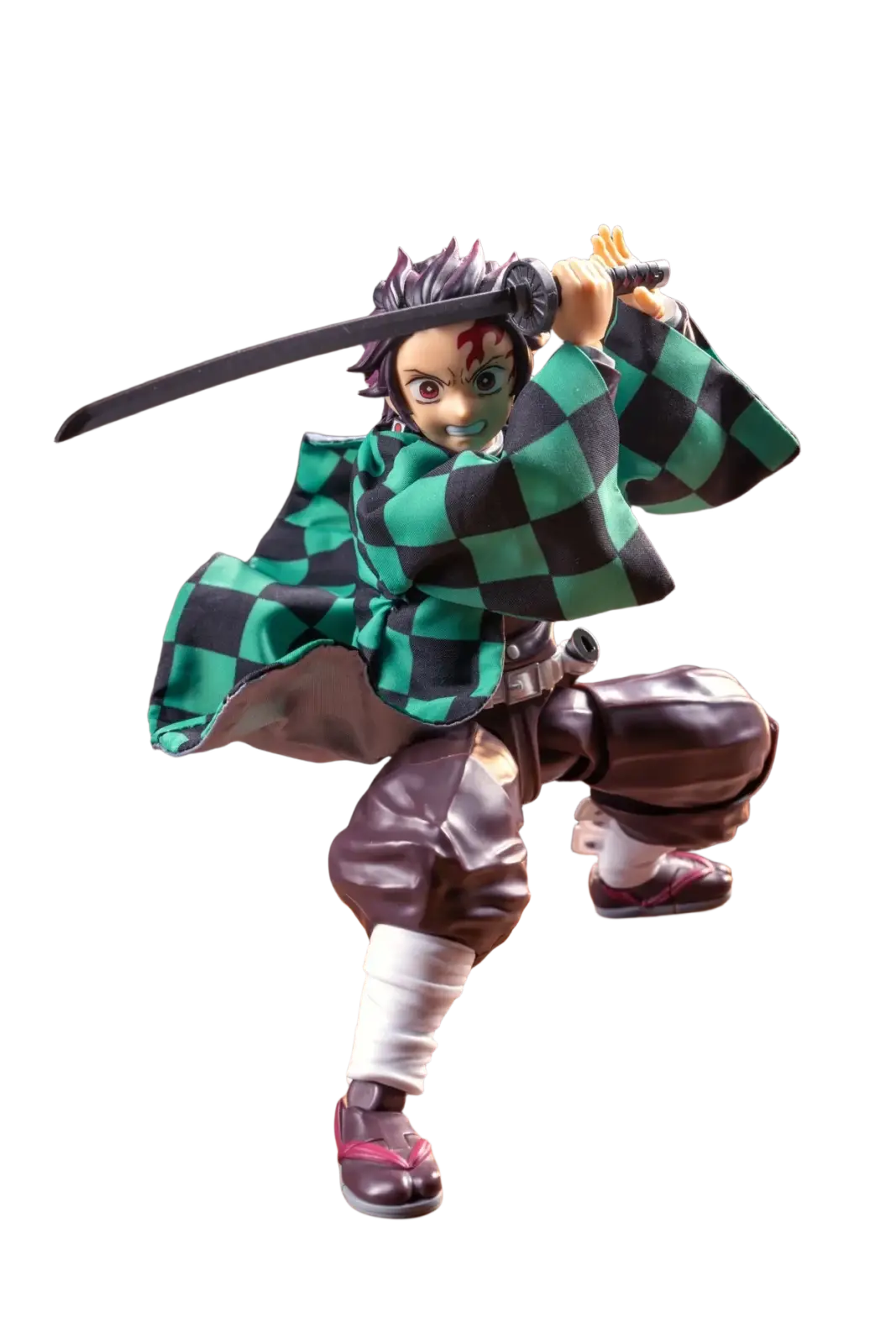 Detailed anime kamado tanjirou 1/12 scale figurine with green and black checkered haori and sword drawn pose