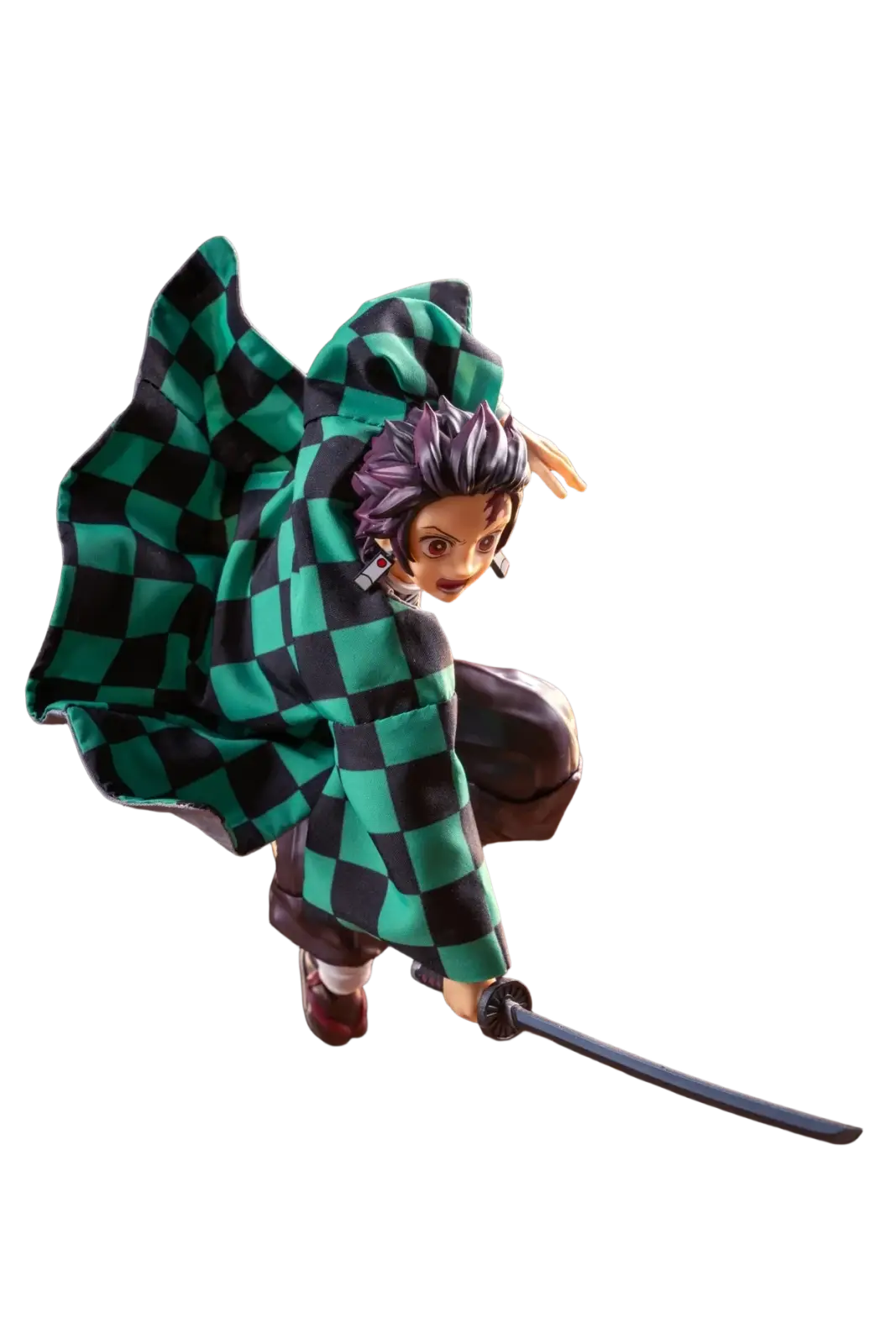 A dynamic anime Kamado Tanjirou 1/12 scale figurine in green and black checkered haori wielding a sword