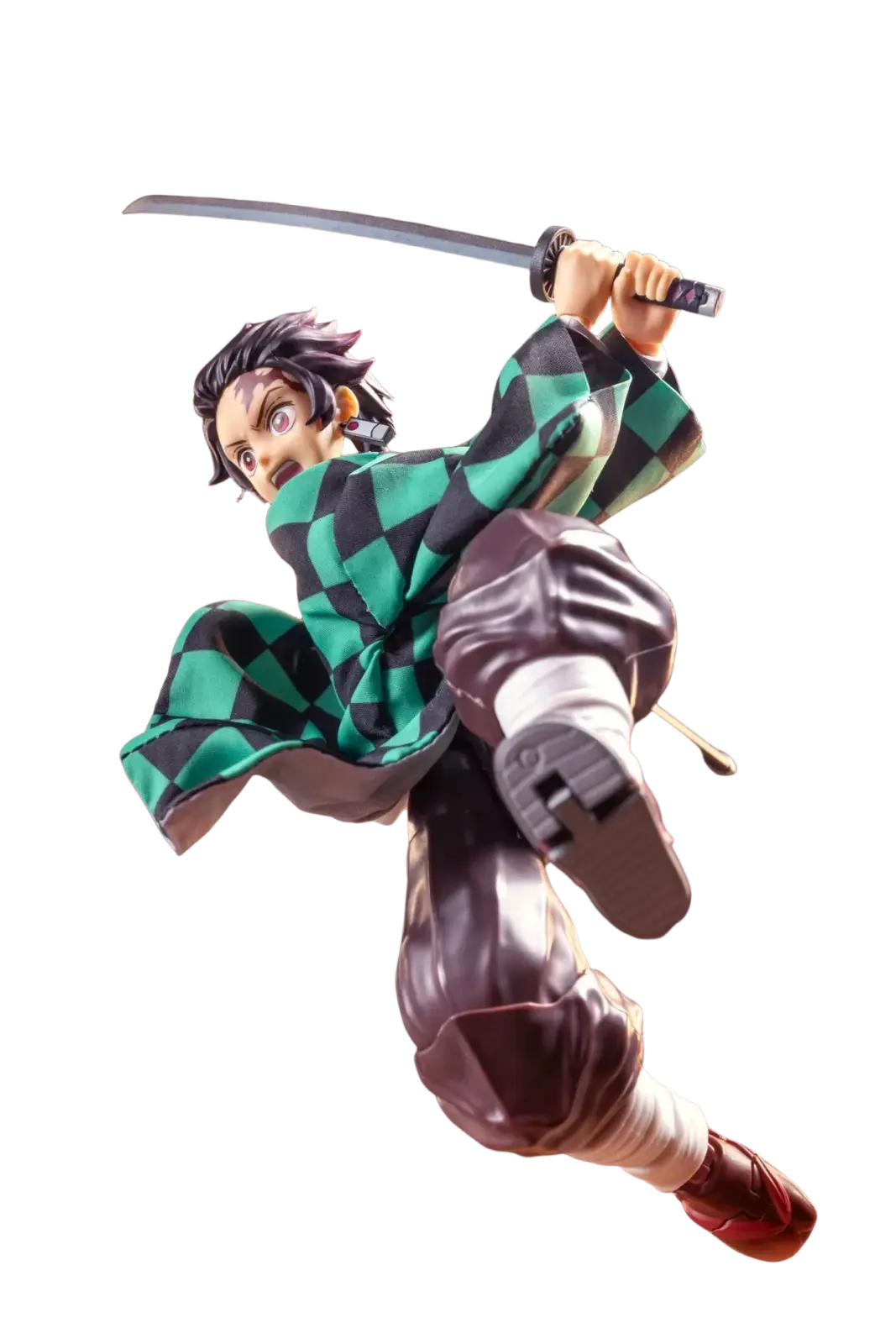 A dynamic anime Kamado Tanjirou 1/12 scale figurine posed mid-leap wearing green and black checkered kimono coat