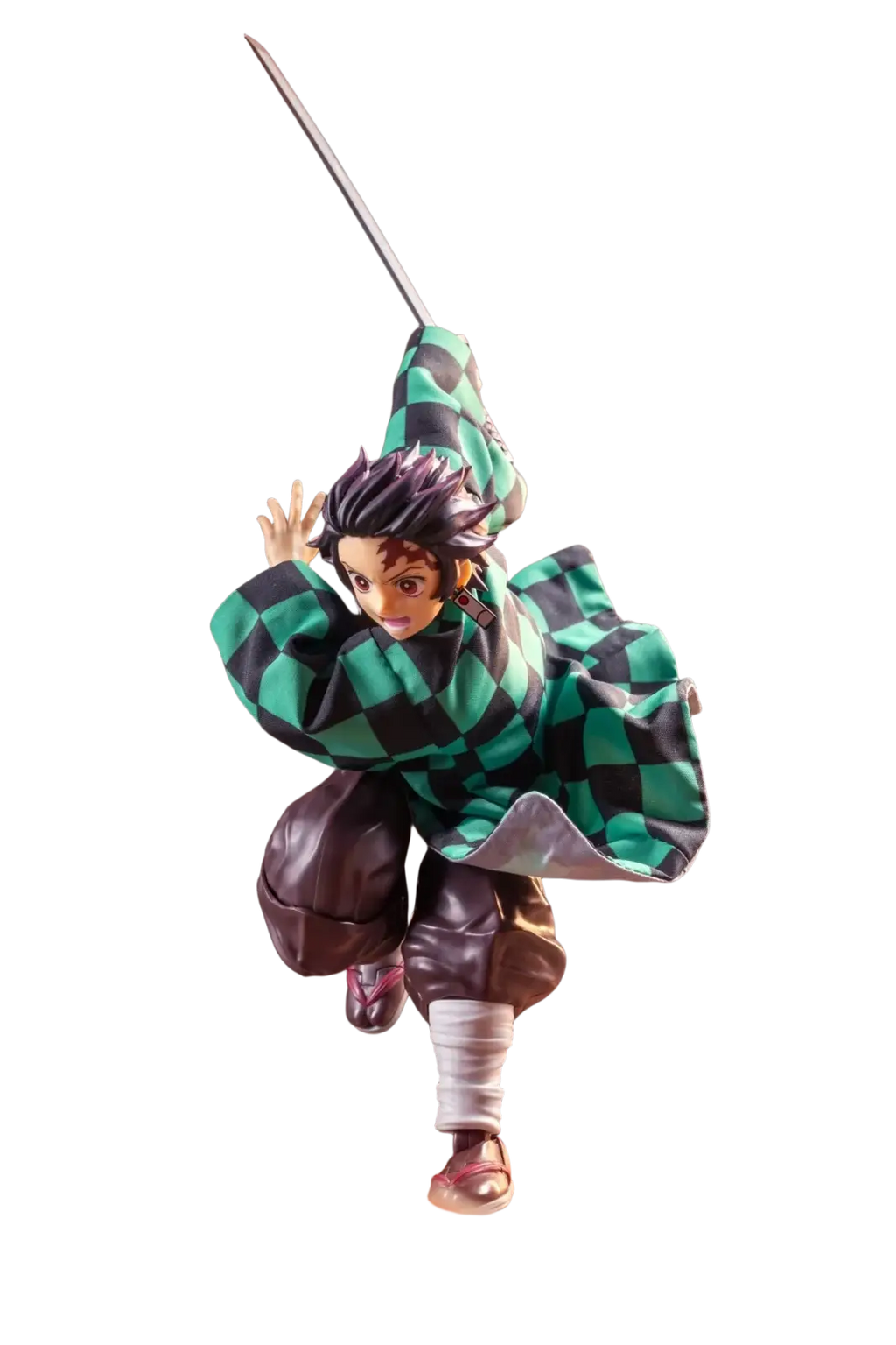 A dynamic 1/12 scale japanese anime kamado tanjirou figurine posed mid-action with green and black checkered haori