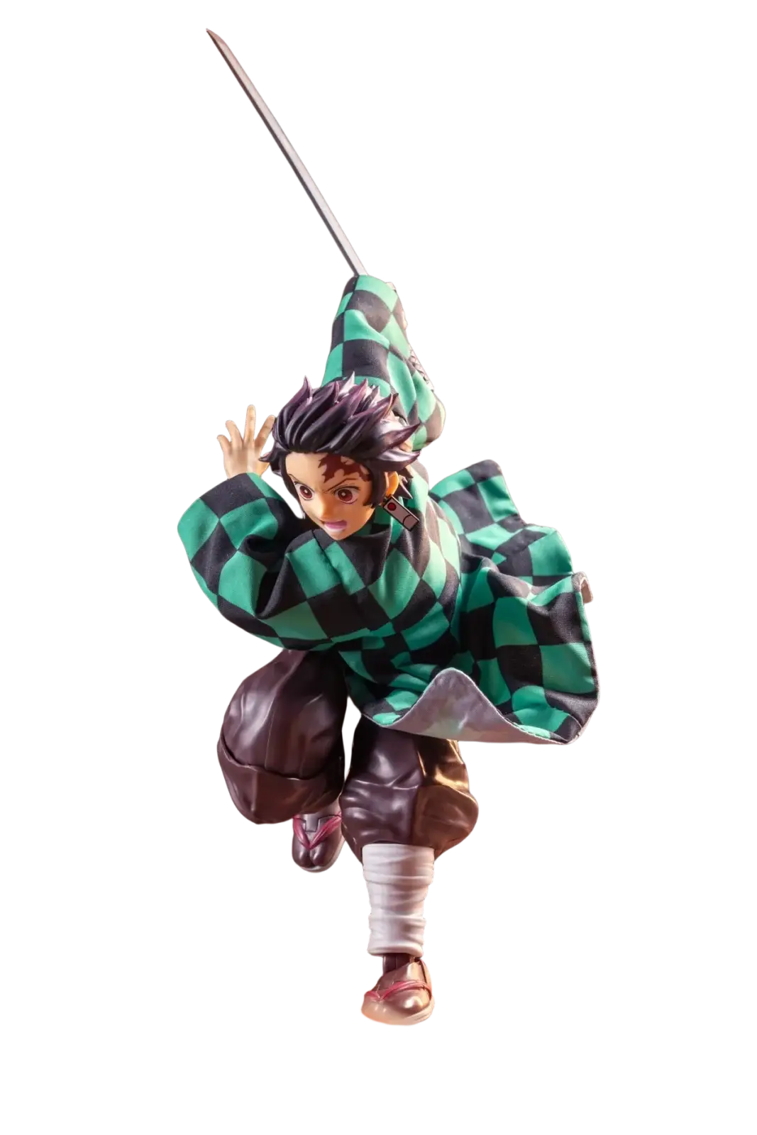 A dynamic 1/12 scale japanese anime kamado tanjirou figurine posed mid-action with green and black checkered haori