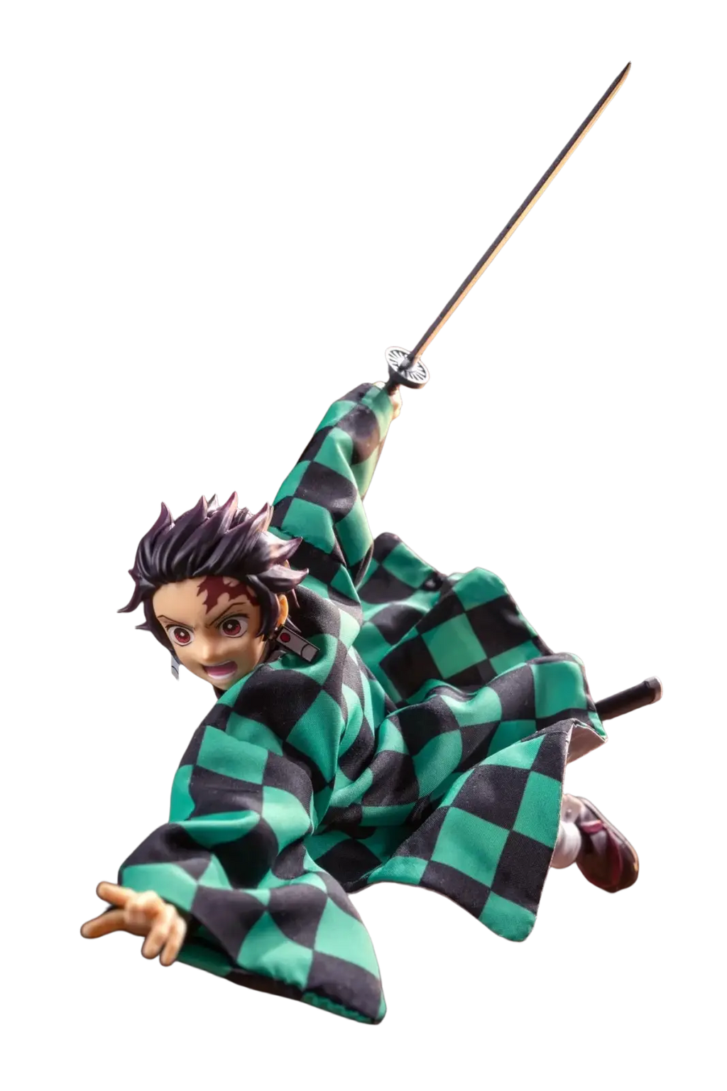 Anime kamado tanjirou 1/12 scale figure wearing green and black checkered kimono holding a sword