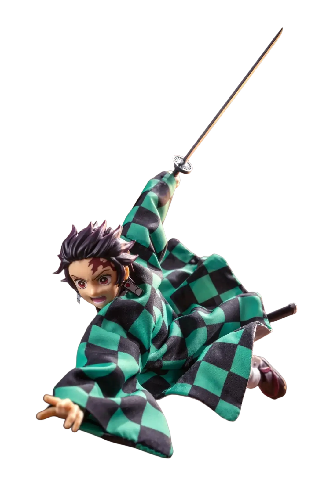 Anime kamado tanjirou 1/12 scale figure wearing green and black checkered kimono holding a sword