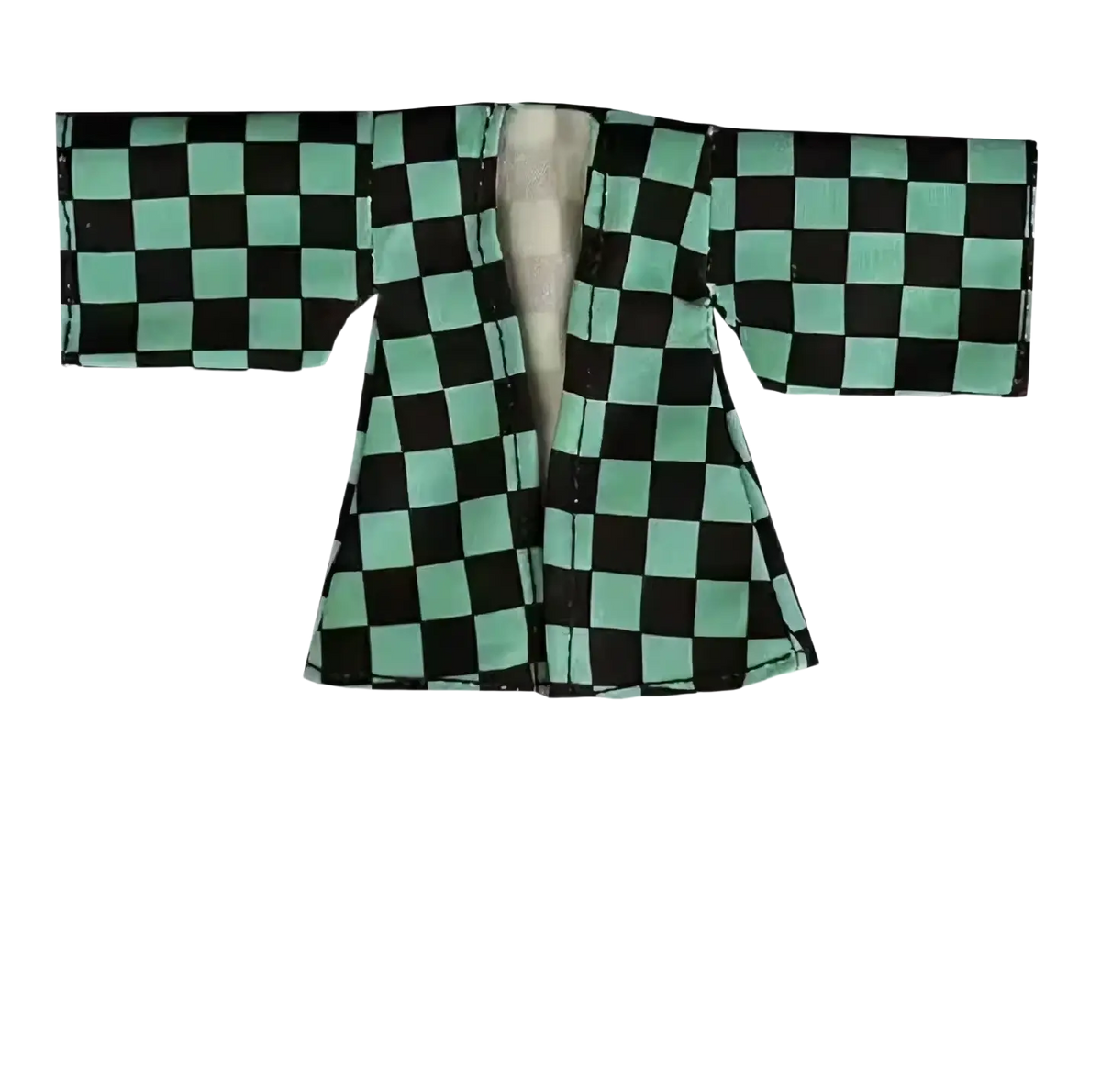 A miniature black and mint green checkered fabric kimono coat for 6 inch body scale japanese anime kamado tanjirou