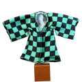 Miniature black and teal checkered anime Kamado Tanjirou kimono coat with silver-lined interior on wooden stand for 6 inch body