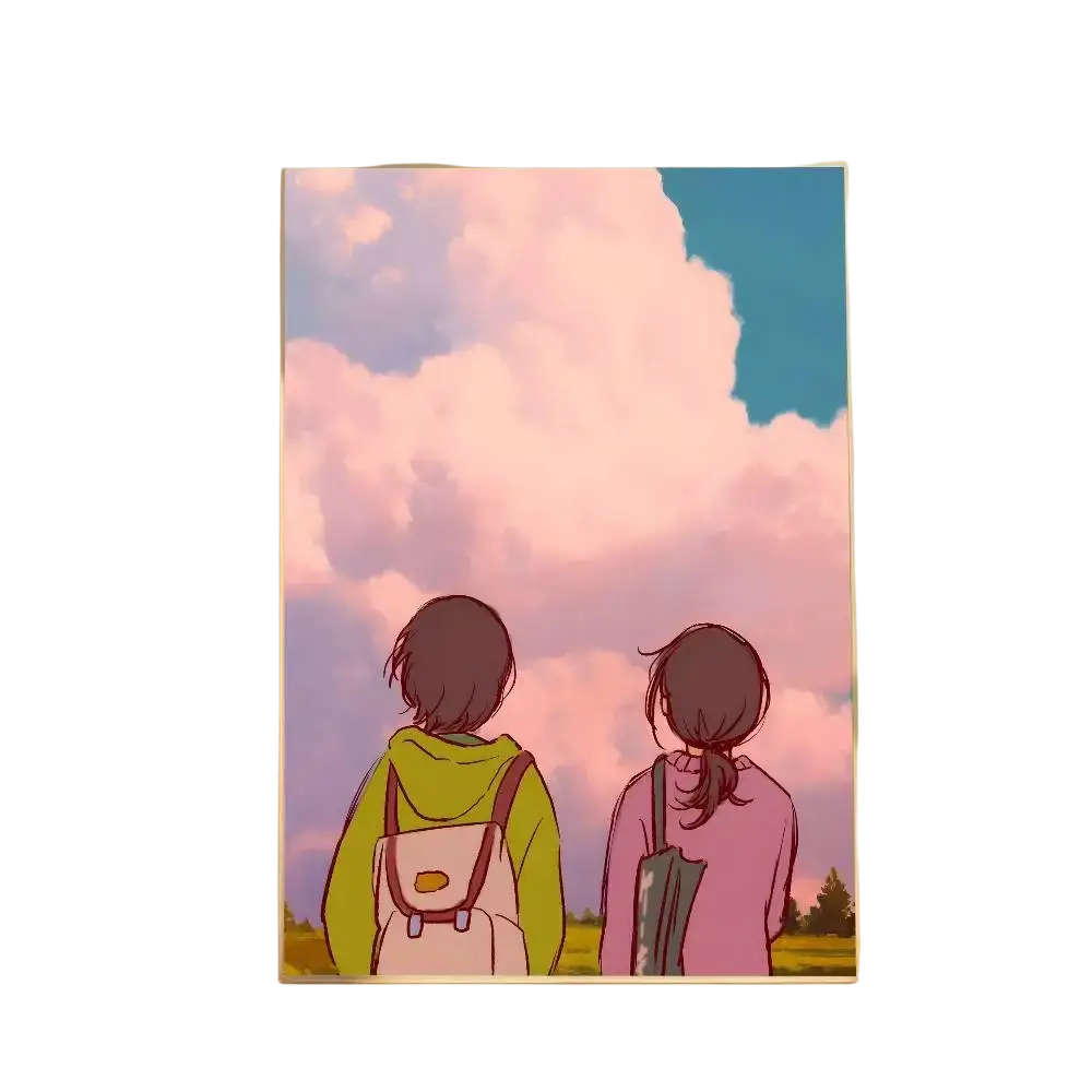 A rectangular canvas print featuring two anime figures under a pink and blue sky for modern graphic living room art