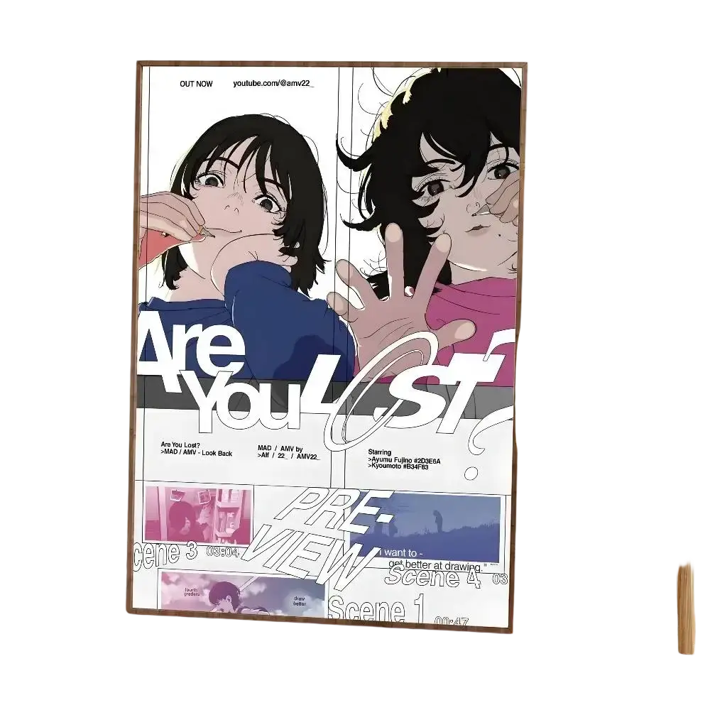 A framed anime look back poster with bold white text and blue and pink characters for modern graphic living room decor