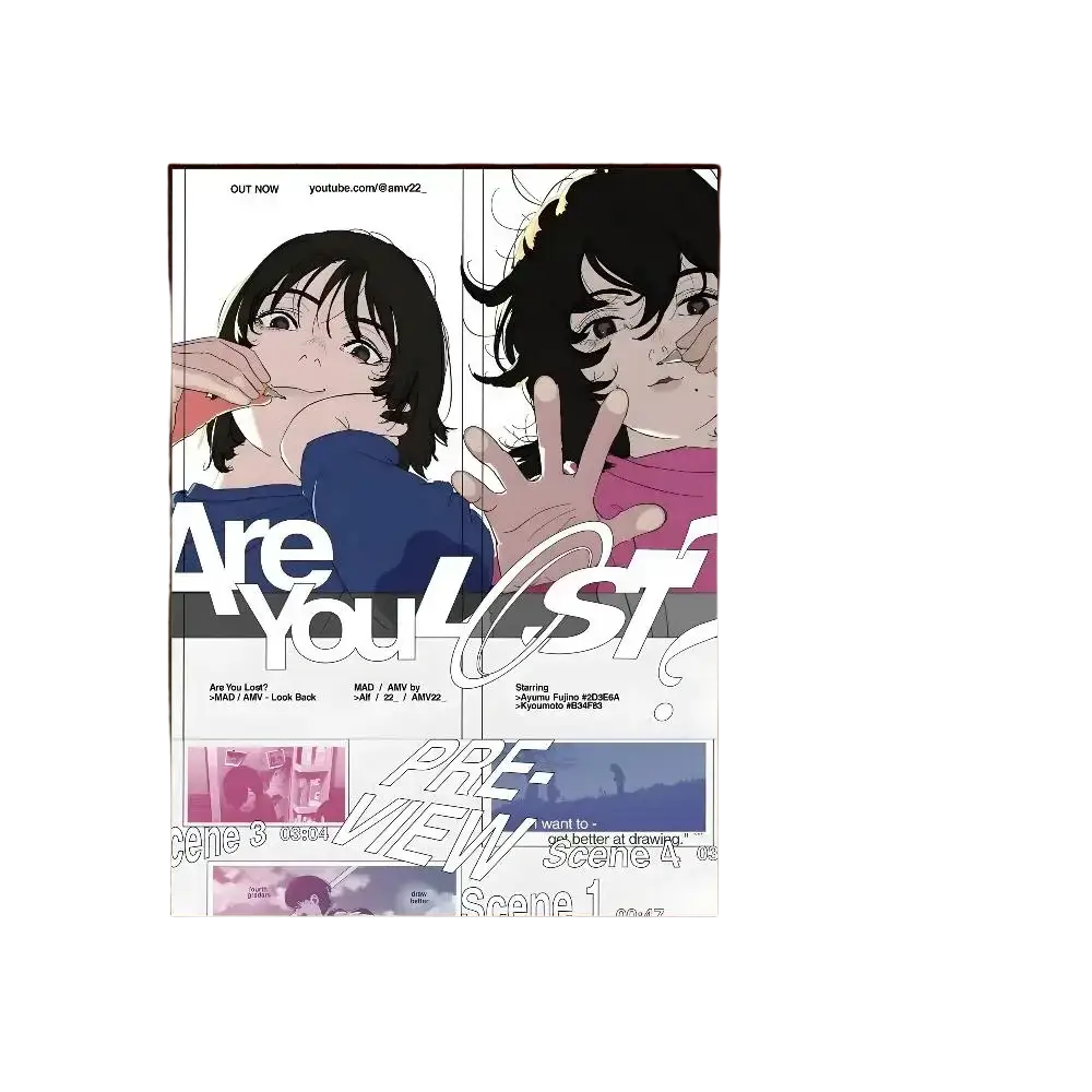 Anime look back poster featuring two black-haired characters in blue and pink with bold text for modern graphic living room decor