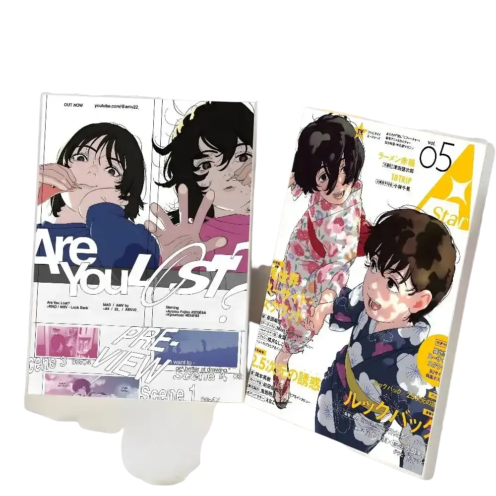Two manga volumes with colorful anime covers displayed on a modern graphic anime look back poster for living room decor