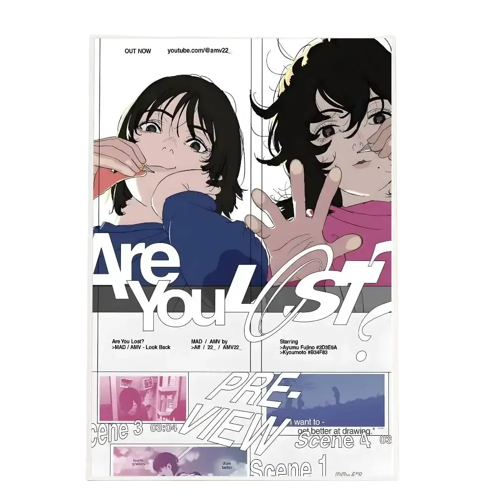 A white-framed anime look back poster with black-haired characters and bold text for modern graphic living room decor