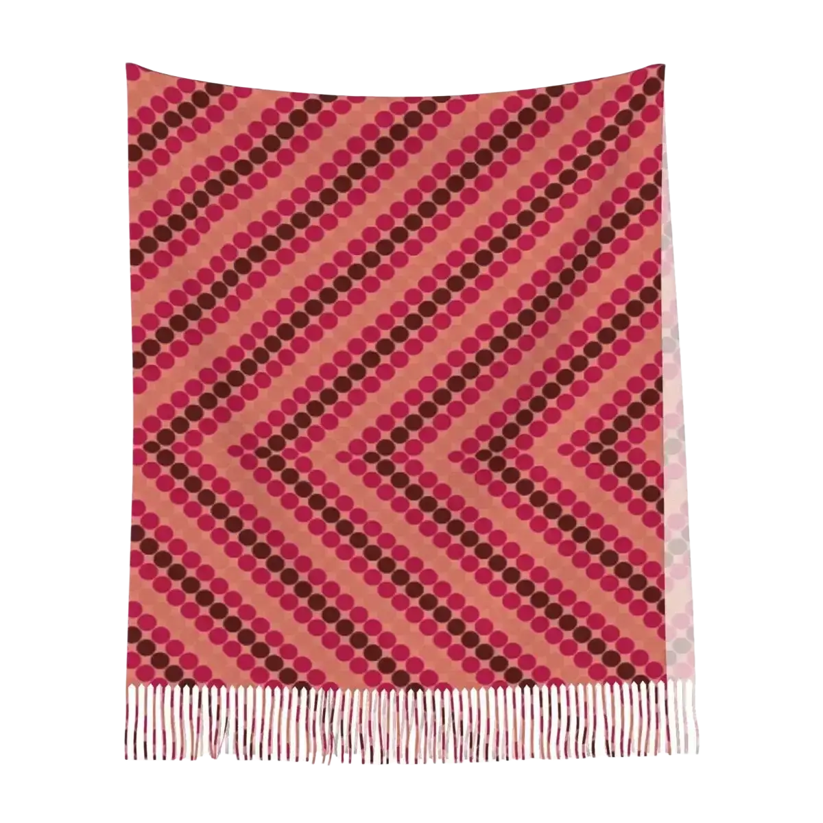 A coral and burgundy geometric-patterned anime tassel winter scarf with white fringe for cold weather use
