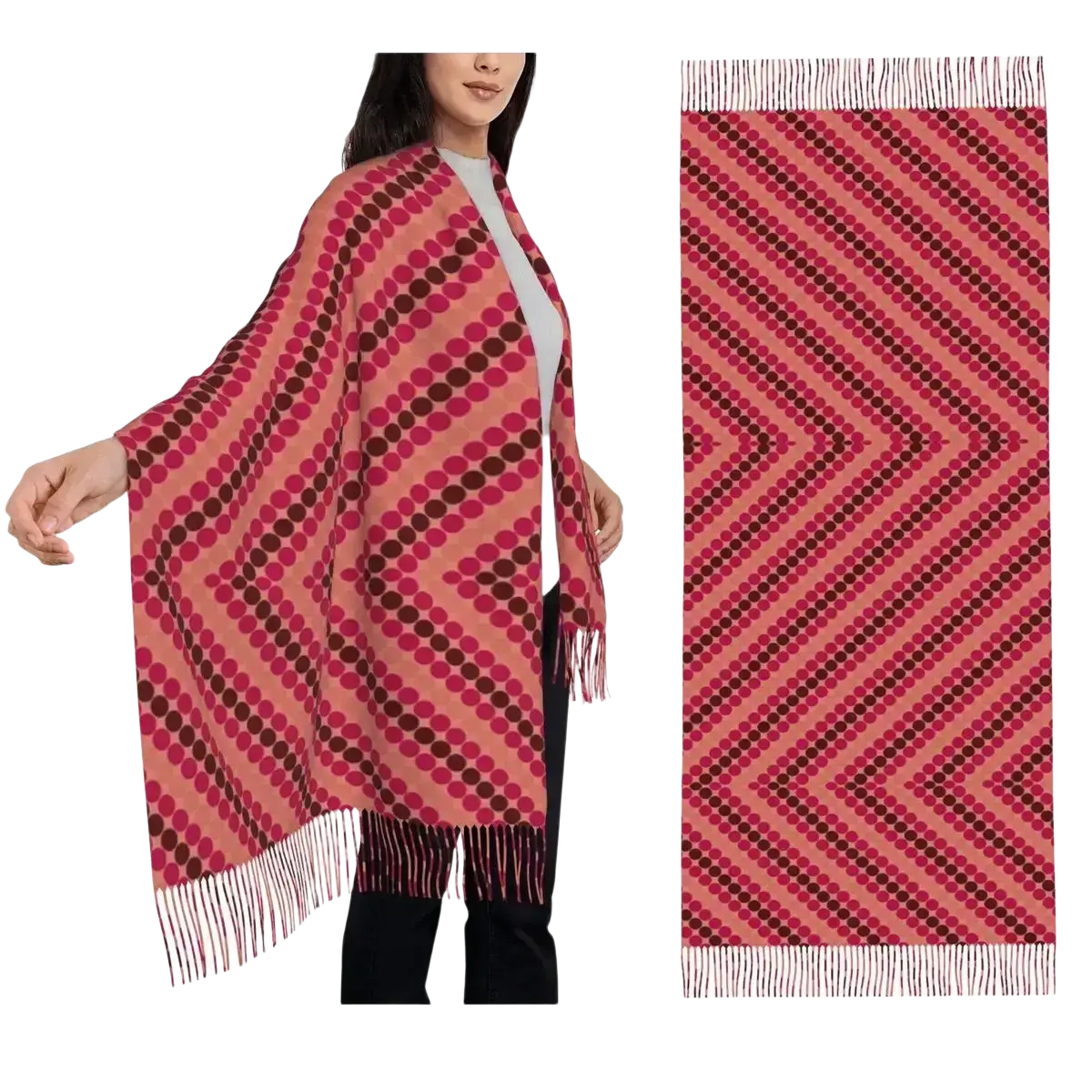 A cozy coral-pink and deep burgundy geometric knit anime tassel winter scarf with white fringe trim