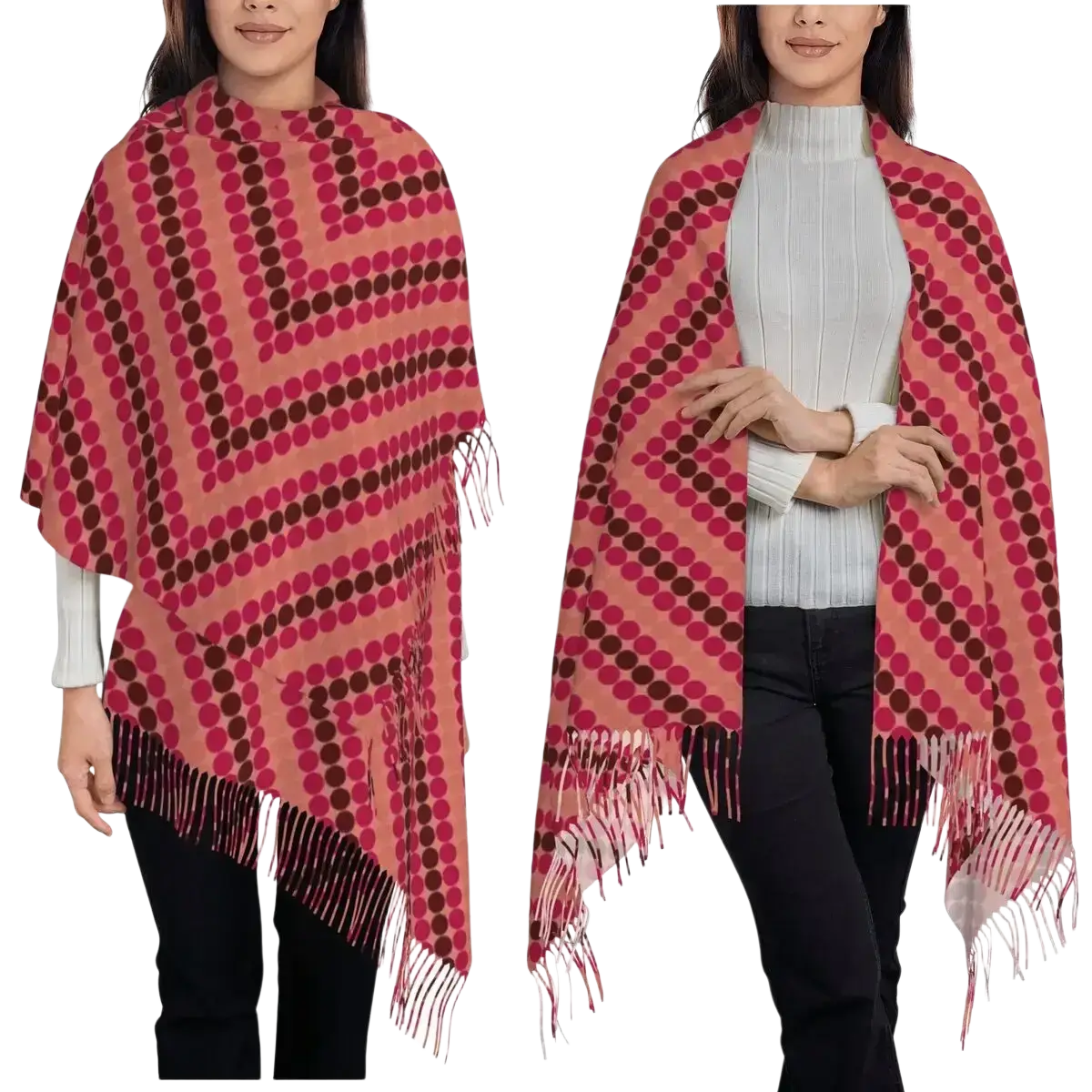 A cozy coral-pink and deep burgundy wool blend anime tassel winter scarf with geometric pattern and fringe detailing