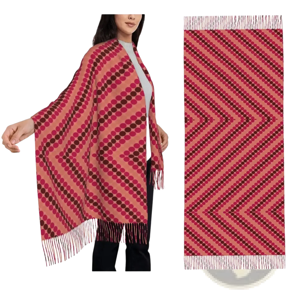 Anime tassel winter scarf women featuring a soft coral pink and deep burgundy geometric knit with white fringe