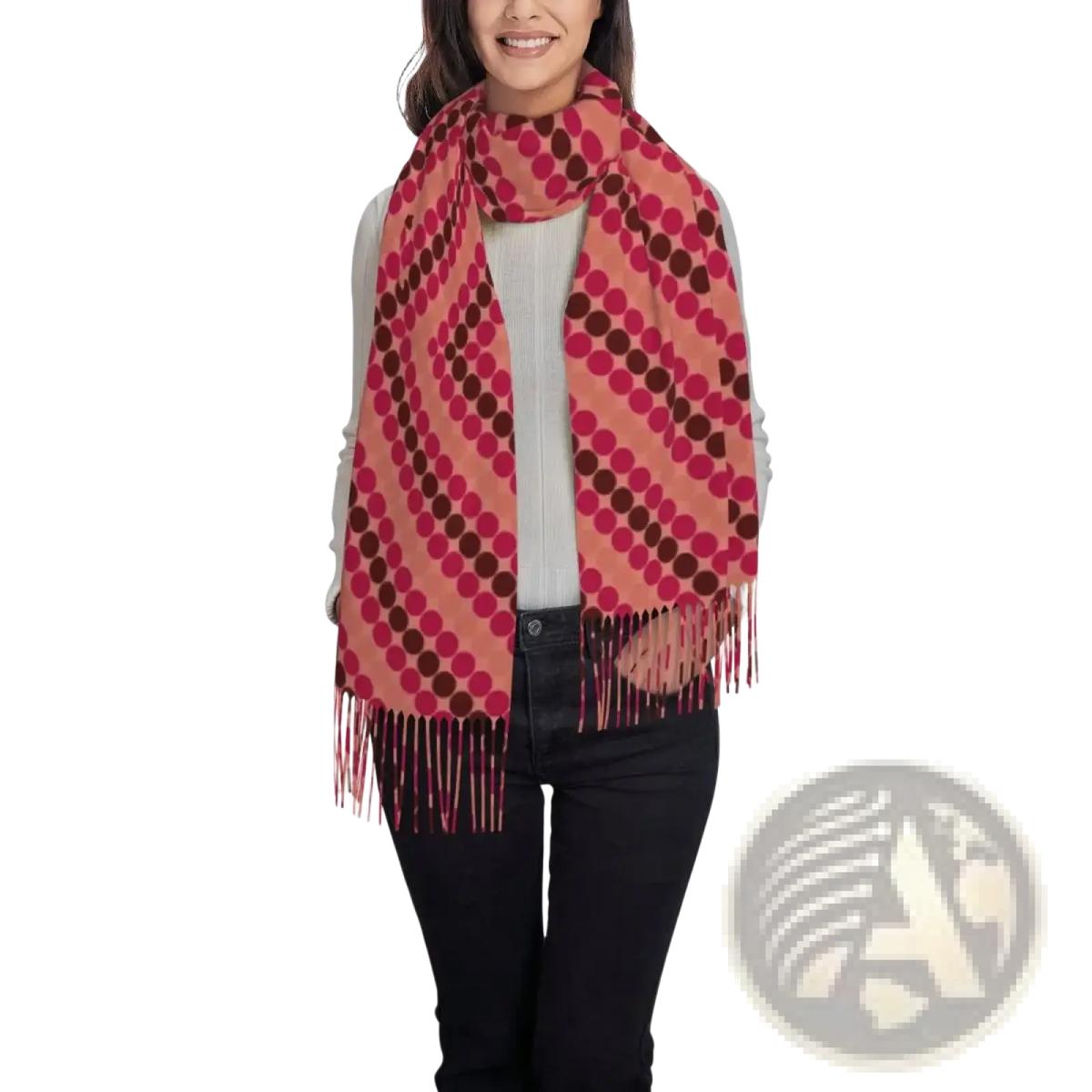 Anime tassel winter scarf for women in soft peach with bold pink and dark brown polka dots and delicate fringe edges
