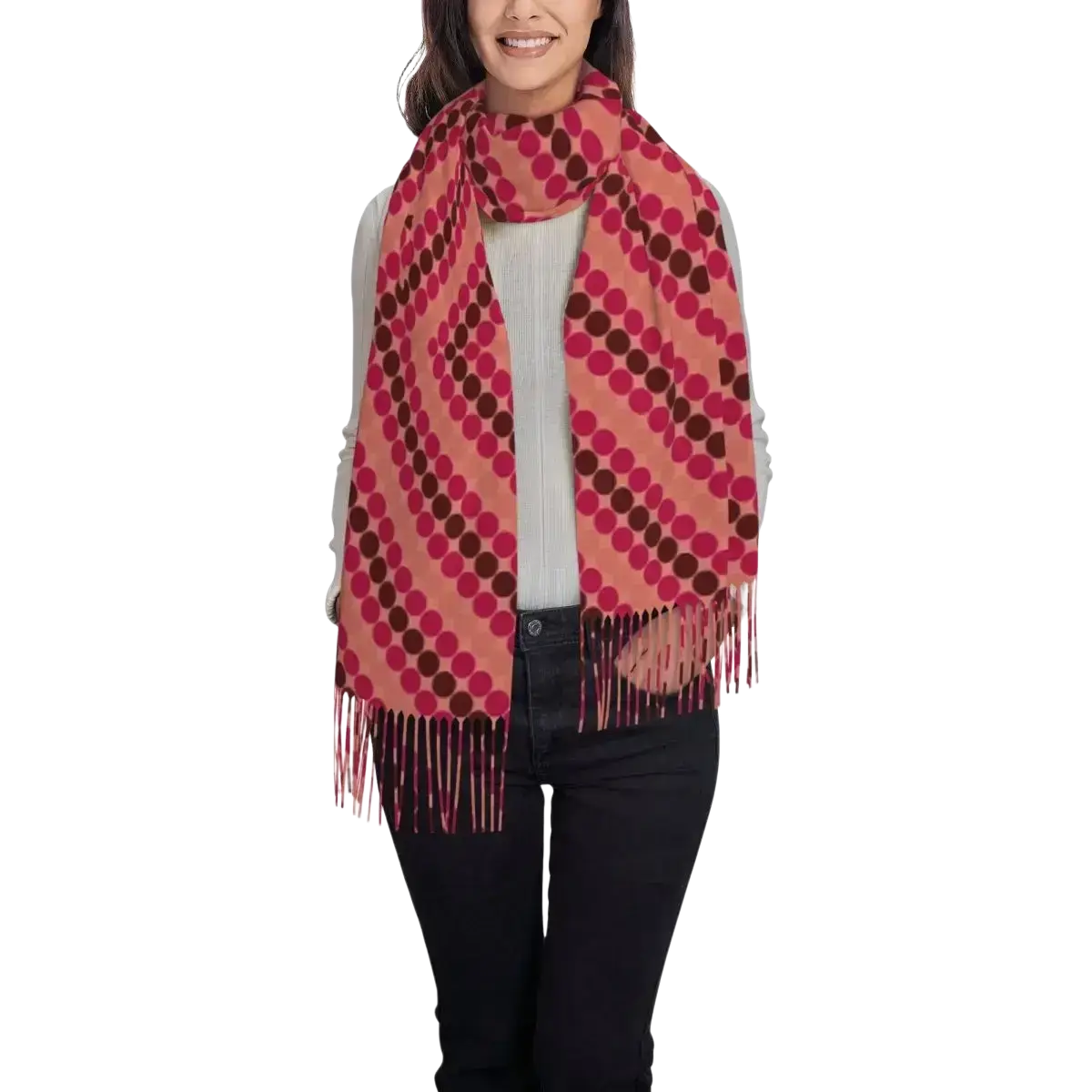 A vibrant pink and brown polka dot anime tassel winter scarf with fringe detailing perfect as a tassel winter scarf