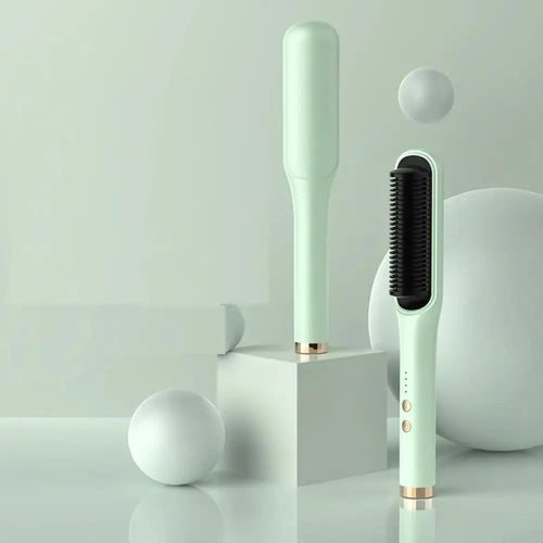 Mint green anion negative ion electric hair straightener and curler comb with black bristles and rose gold accents